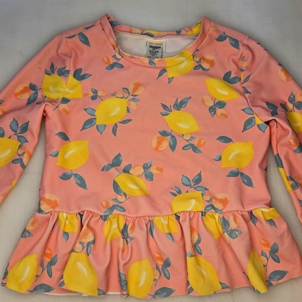 OshKosh B'gosh Shirt Girls 5T Pink Yellow Lemon Print Peplum Long Sleeve Top